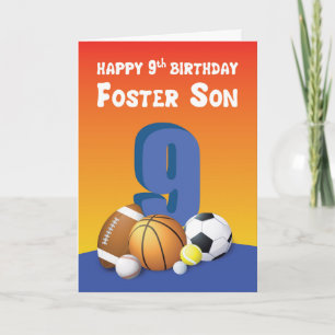 Tarjeta Hijo de Acogida Cumpleaños 9 Balones Deportivos