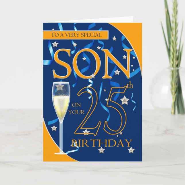 Tarjeta Hijo de cumpleaños 25 - Vidrio de Champagne (Anverso)