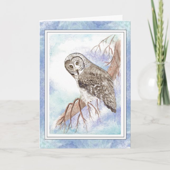 Tarjeta Hijo de cumpleaños con gran ave de búho gris gris (Anverso)