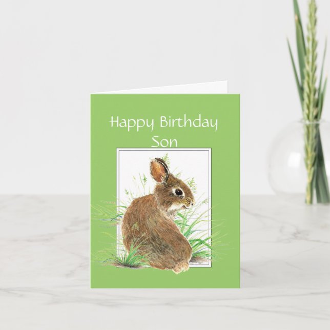 Tarjeta Hijo de cumpleaños gracioso, conejo lindo, tarta d (Anverso)