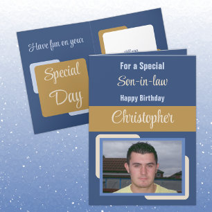 Tarjeta Hijo de la ley foto cumpleaños marrón azul