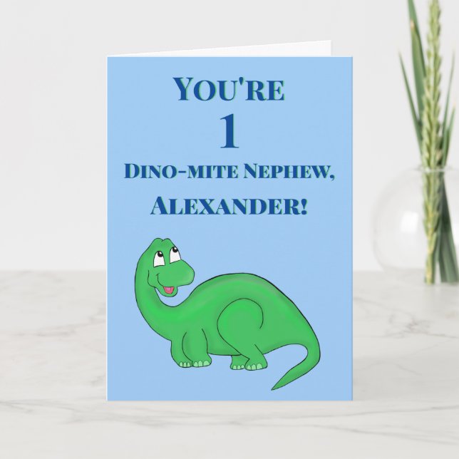 Tarjeta Hijo de sobrino azul lindo Dinosaurio de primer cu (Anverso)