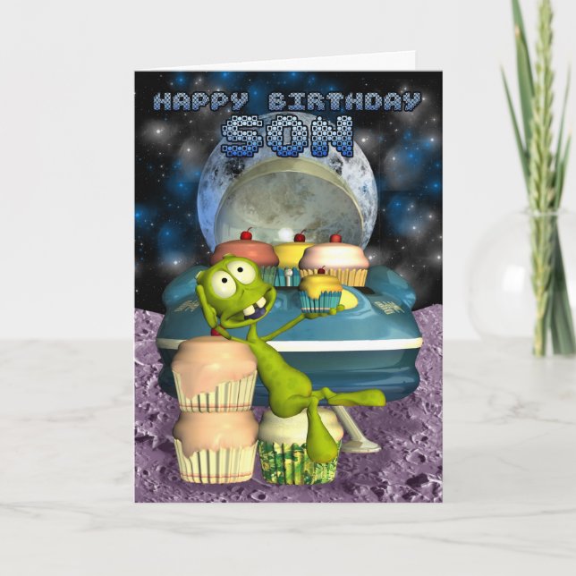 Tarjeta Hijo del feliz cumpleaños, fuera de este mundo, (Anverso)