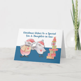 Tarjeta Hijo e hija de ley adoran a Navidades pájaros