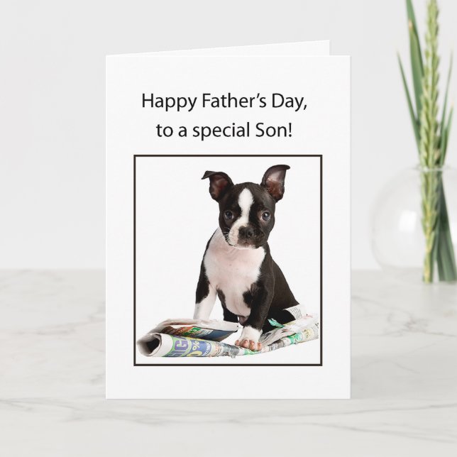 Tarjeta Hijo, el día de padre feliz, perro de Boston (Anverso)