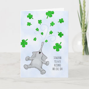 Tarjeta Hijo, elefante del Día de San Patricio y Shamrock