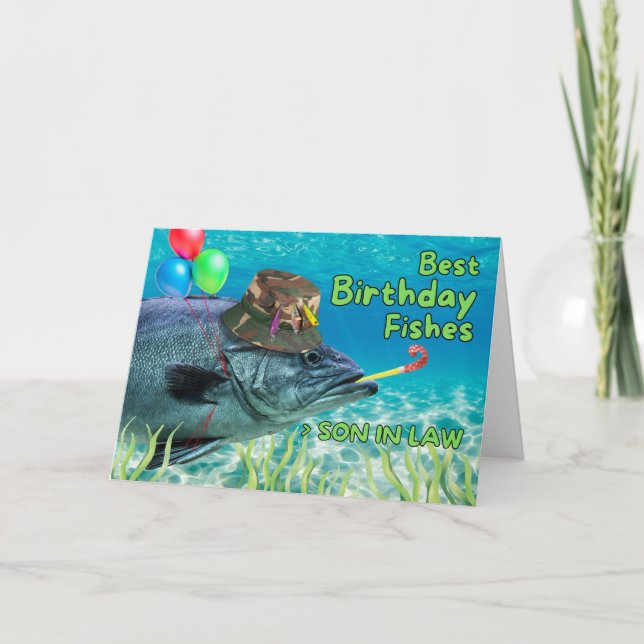 Tarjeta Hijo en la ley Cumpleaños pez listo para Fiesta (Anverso)