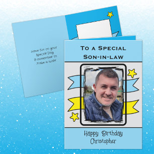 Tarjeta Hijo especial de la ley foto amarillo azul cumplea