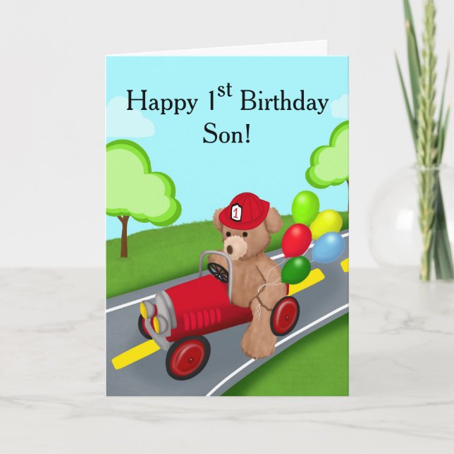 Tarjeta Hijo feliz primer cumpleaños Oso de Teddy en camió (Anverso)