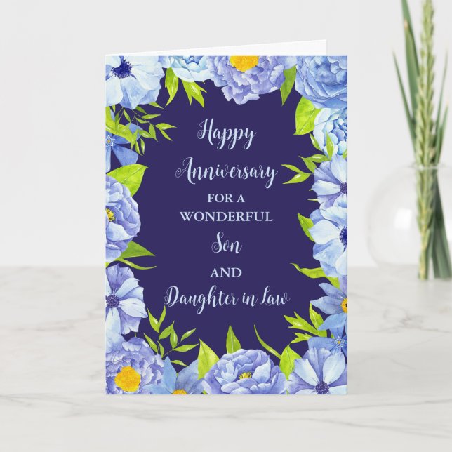 Tarjeta Hijo floral e hija en aniversario de Boda de leyes (Anverso)