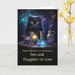 Tarjeta Hijo y hija de ley: Feliz gato negro de Halloween