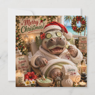 Tarjeta Hipopótamo de Navidad relajándose en la Spa de la