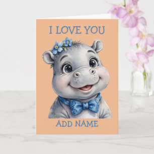 Tarjeta Hipopótamo Macho: Animal Bebé Lazo Pastel Amor
