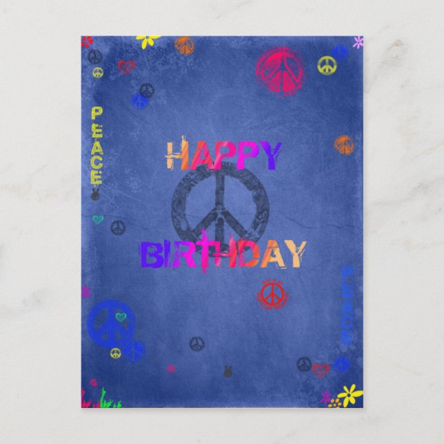 Tarjeta Hippie Happy Birday Card Blue Postcard (Anverso)