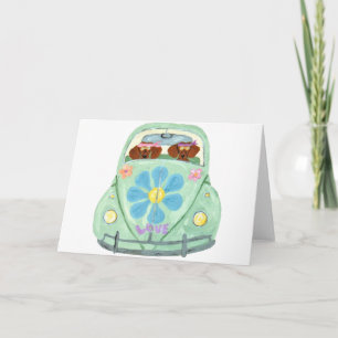 Tarjeta Hippies Dachshund En Su Coche De Amor Floral