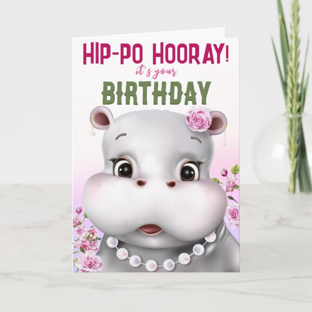 Tarjeta Hippo Chica Floral Rosa Cumpleaños (Anverso)