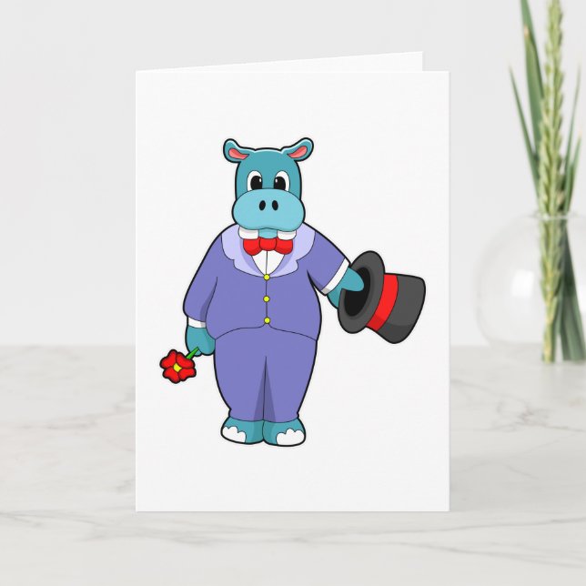 Tarjeta Hippo como Groom con traje y Rosa (Anverso)