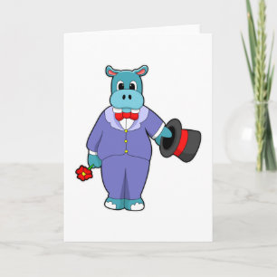 Tarjeta Hippo como Groom con traje y Rosa