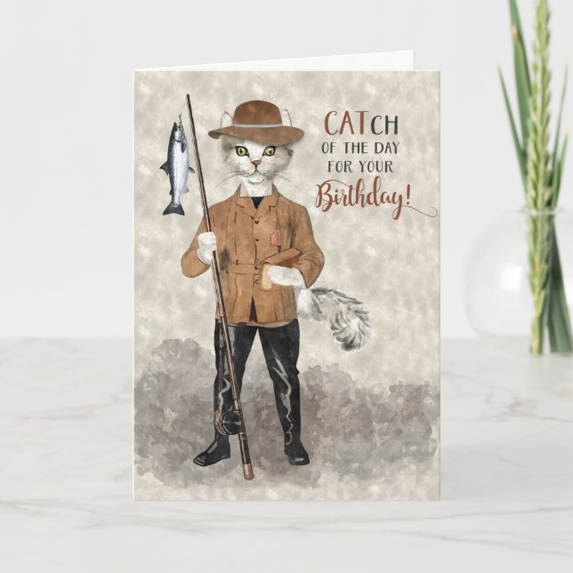Tarjeta Hipster Cat Pesca Temática Cumpleaños Gracioso (Anverso)