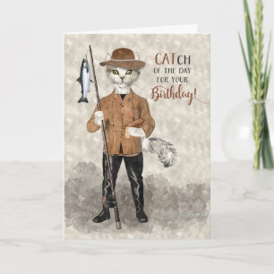 Tarjeta Hipster Cat Pesca Temática Cumpleaños Gracioso
