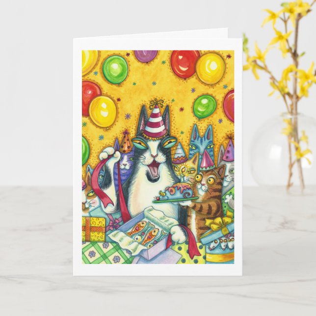 TARJETA HISS N' FITZ GATOS, KITTENS, MICE, FUNNY CUMPLEAÑO (flor amarilla)