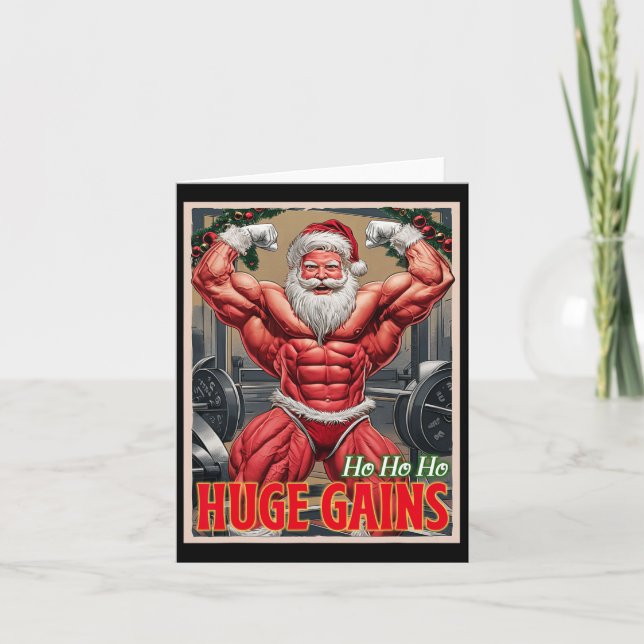 Tarjeta Ho Ho Ho Huge Gains Bombeando a Bodybuilder Santa  (Anverso)