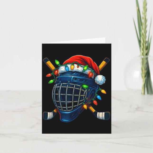 Tarjeta Hockey Helmet Christmas Lights Santa Hat Design Xm (Anverso)