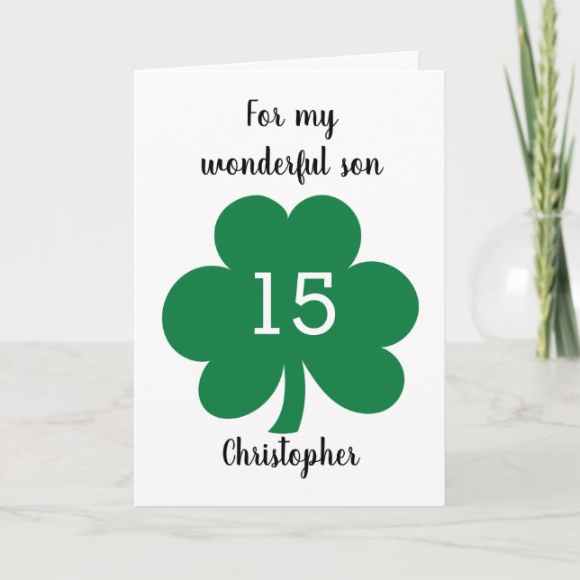 Tarjeta Hoja verde de trébol San Patricio Día 15 cumpleaño (Anverso)