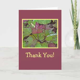TARJETA HOJAS DE COLOR VERDE Y PLUM /GRACIAS A USTED/CUSTO