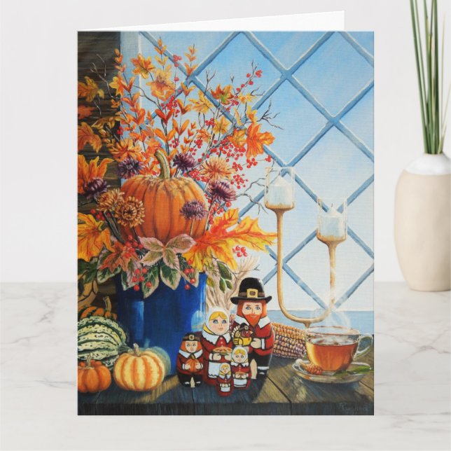 Tarjeta Hojas de otoño, calabazas, muñecas de nidificación (Anverso)