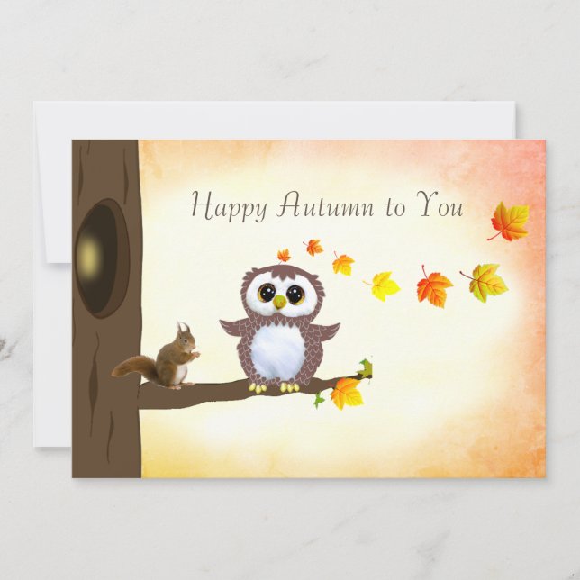 Tarjeta Hojas de otoño y ardilla Felices saludos de otoño (Anverso)