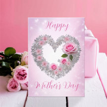 Hojas de plata corazón rosa rosa Feliz día de la m