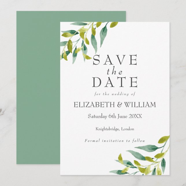 Tarjeta Hojas Verdes de Pradera Save the Date (Anverso / Reverso)