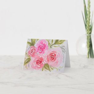 Tarjeta Hojas verdes de rosas rosadas - plegadas en blanco