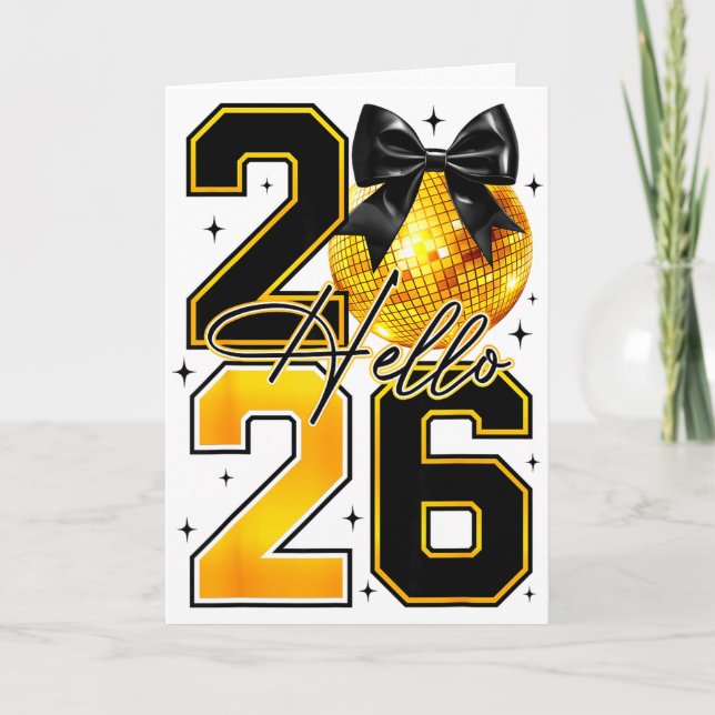 Tarjeta Hola 2026 Feliz Año Nuevo 2026 Coquette Bow Disco  (Anverso)