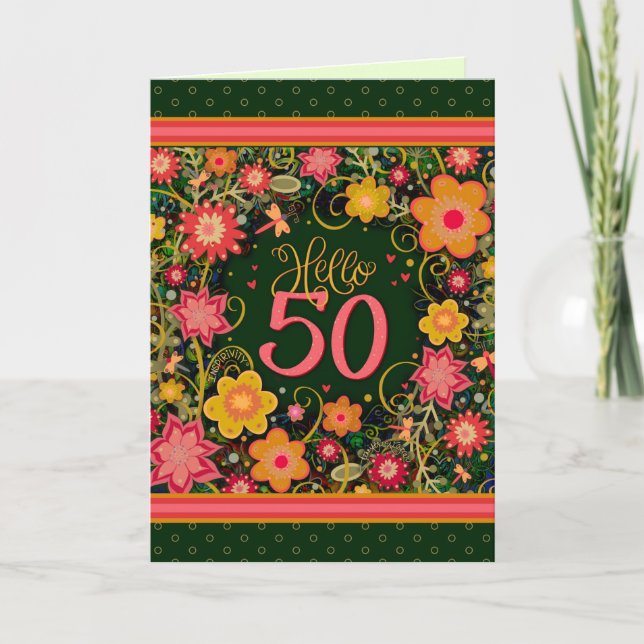 Tarjeta Hola 50 Bonito Diversión Floral Inespiritualidad d (Anverso)