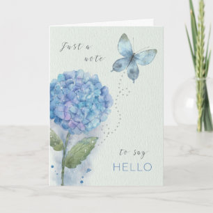 Tarjeta Hola acuarela Hidrangea Azul y mariposa