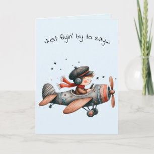 Tarjeta Hola Amistad Niño Volando Avión de Hélice Lindo