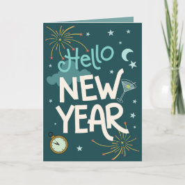 Tarjeta Hola Año Nuevo - Fiesta azul festiva de Año Nuevo