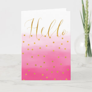 Tarjeta Hola confeti ombre rosa oro