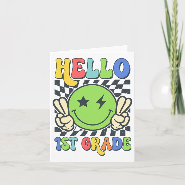 Tarjeta Hola De 1º Grado Vibes Groovy Sonríe Cara De Vuelt (Anverso)