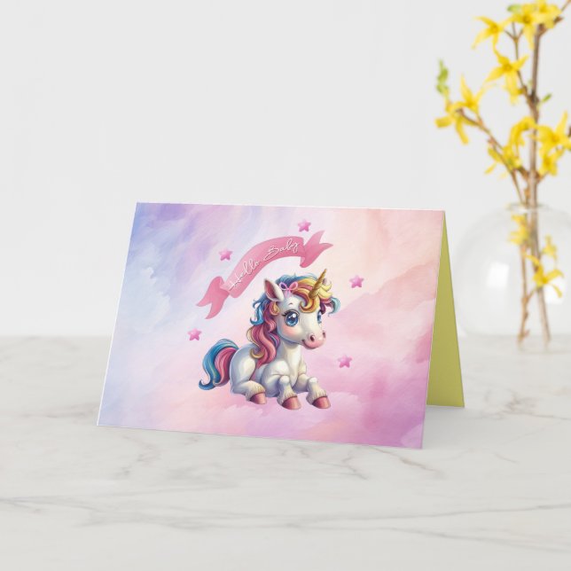 Tarjeta Hola Diseño de Unicornio Bebé (flor amarilla)