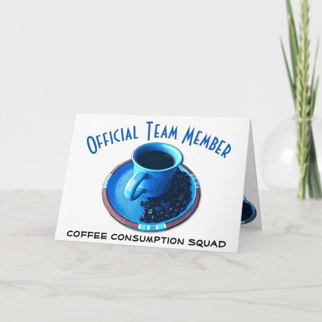 Tarjeta Hola Equipo Café con Taza Azul y Platillo Personal (Anverso)