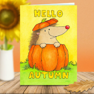 Tarjeta Hola erizo de otoño en saludo de calabaza