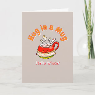 Tarjeta Hola Invierno Abrazo en una Taza Ilustración Kawai