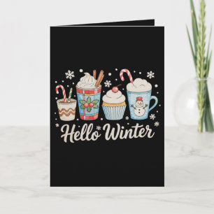 Tarjeta Hola Invierno Acogedor Café Muñeco de Nieve Navida