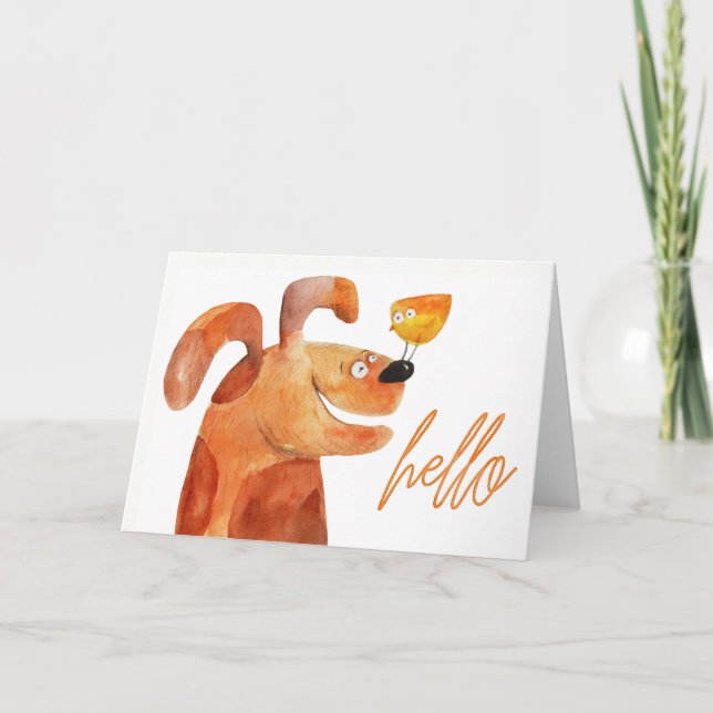 Tarjeta "Hola" Manteniéndose en Touch Puppy & Bird Blank (Anverso)