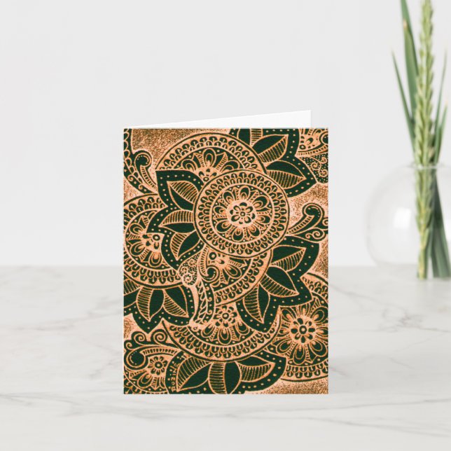 Tarjeta Hola Neon Naranja Black Damask India Mandala Blank (Anverso)
