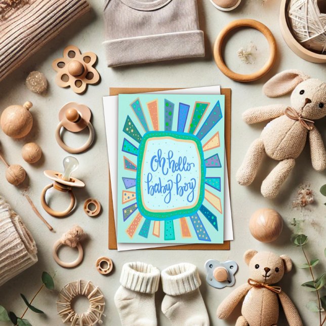 Tarjeta Hola niño bebé Whimsical Cute Blue Modern (Subido por el creador)