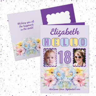 Tarjeta Hola nombre de 18 cumpleaños 2 foto púrpura floral